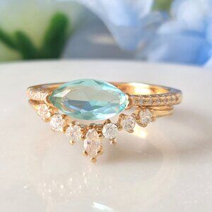 Gold and Aquamarine ring set, 925 Sterling Silver 10k gold